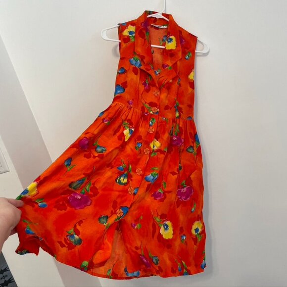 VINTAGE VTG LAPIS LOS ANGELES Orange Floral Button Sleeveless Fit & Flare Dress - Picture 6 of 10